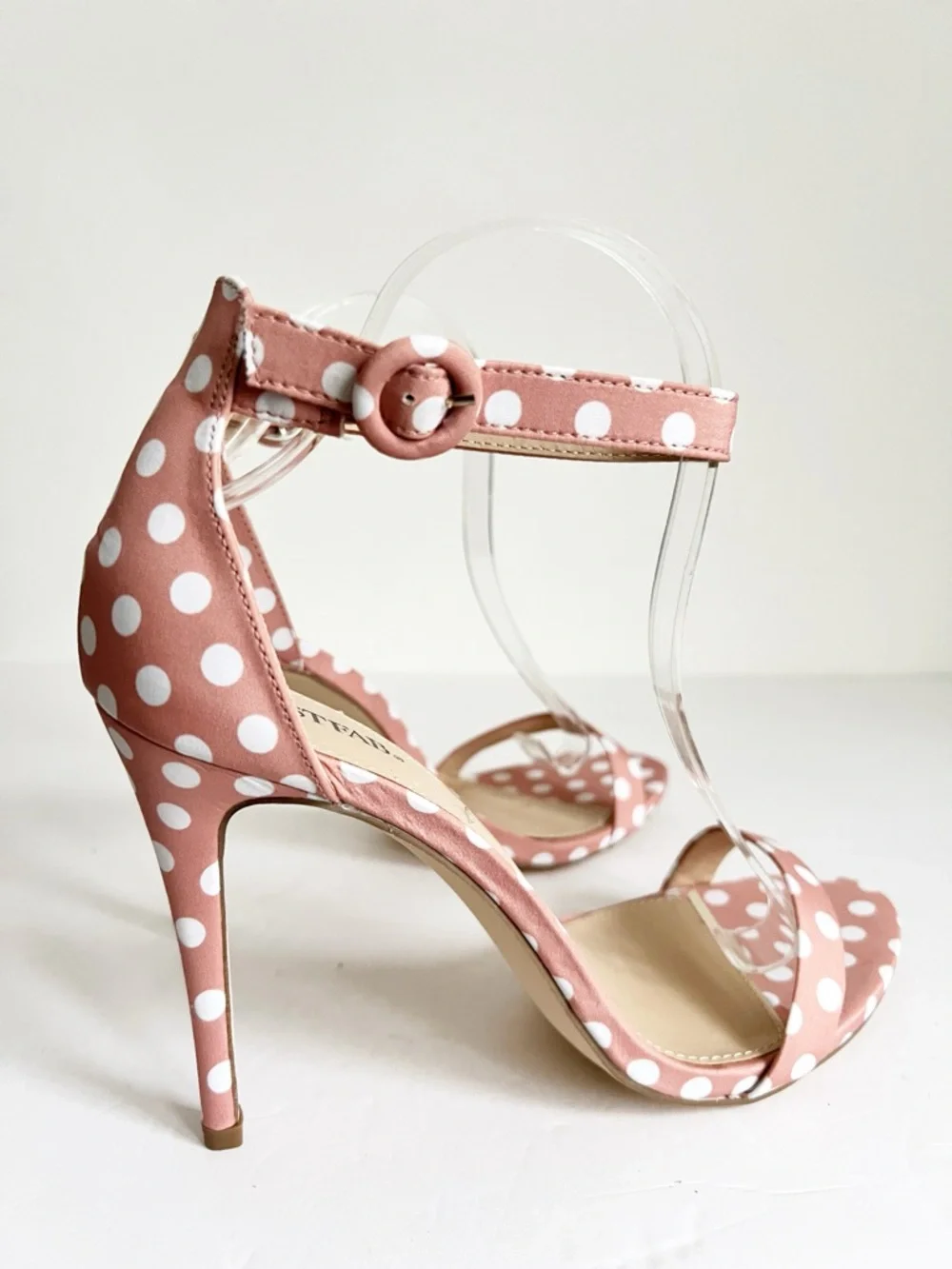 SZ 11 JustFab Polka Dot Lacey Apricot and White Polka Dot Ankle-Strap Heels